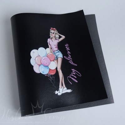 Переплетный кожзам "Небраска" с принтом "My planner. Airballoons", черный, 25 х 46,5 см